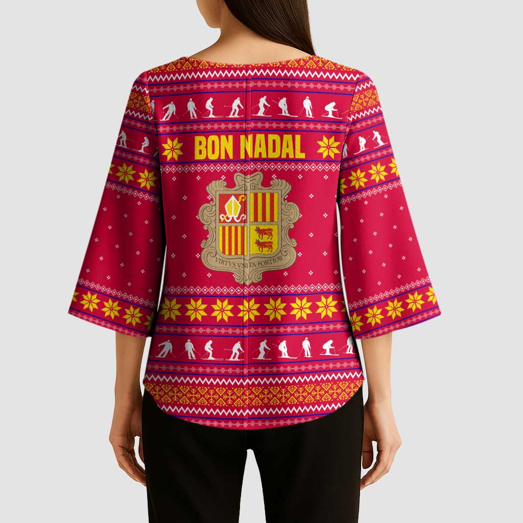 Bon Nadal Andorra Christmas Kimono Sleeve Blouse with Fox Snowy Trees and Andorran Flag - Wonder Print Shop