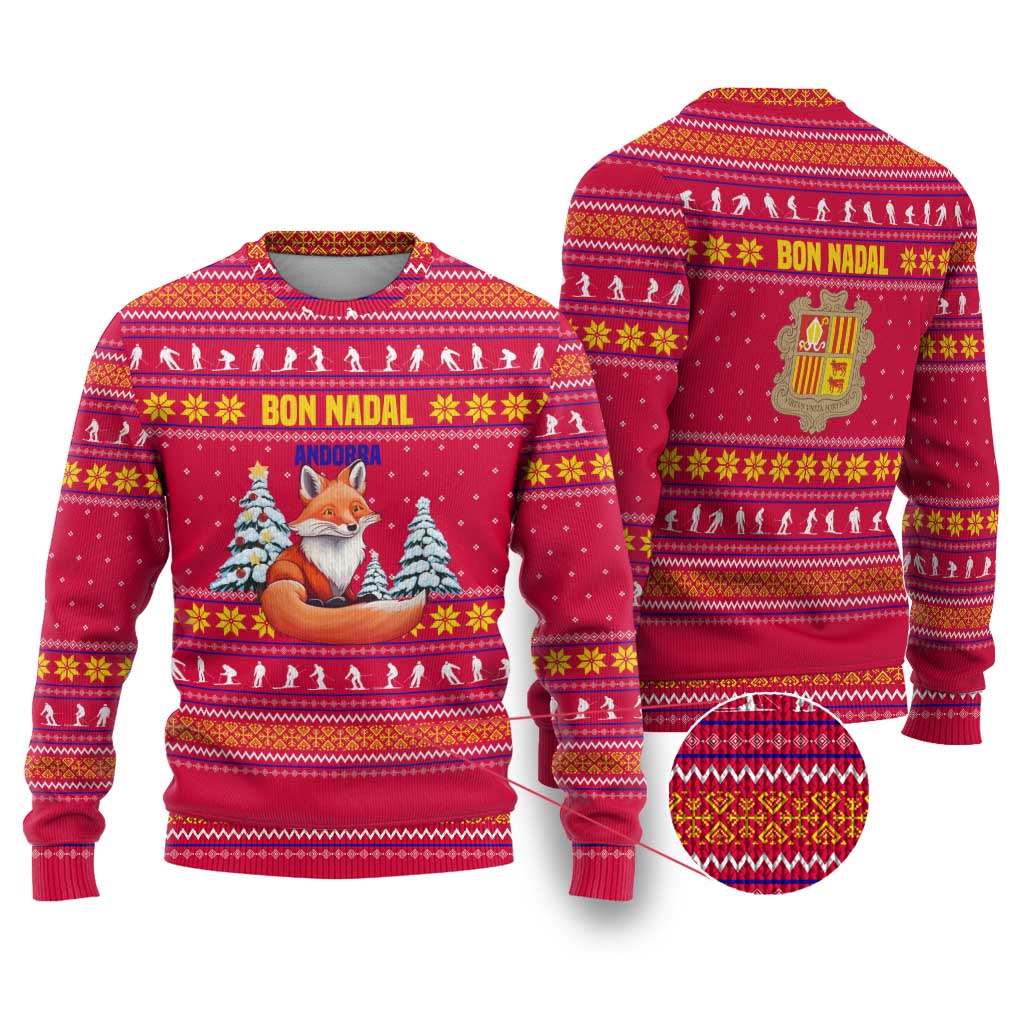 Bon Nadal Andorra Christmas Ugly Christmas Sweater with Fox Snowy Trees and Andorran Flag - Wonder Print Shop