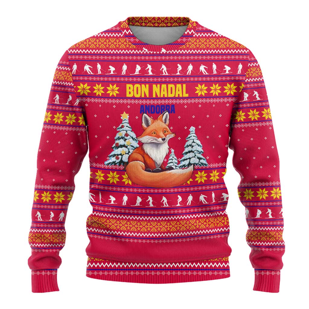 Bon Nadal Andorra Christmas Ugly Christmas Sweater with Fox Snowy Trees and Andorran Flag - Wonder Print Shop
