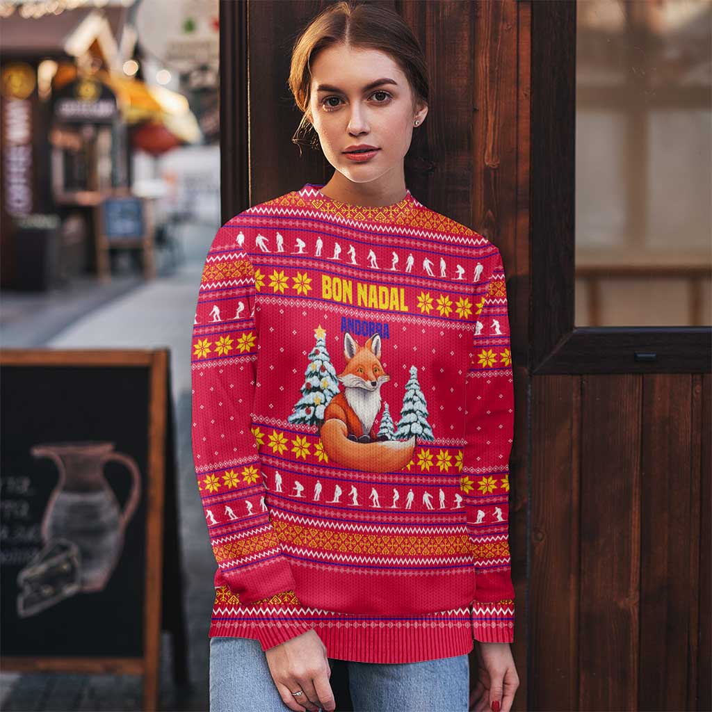 Bon Nadal Andorra Christmas Ugly Christmas Sweater with Fox Snowy Trees and Andorran Flag - Wonder Print Shop