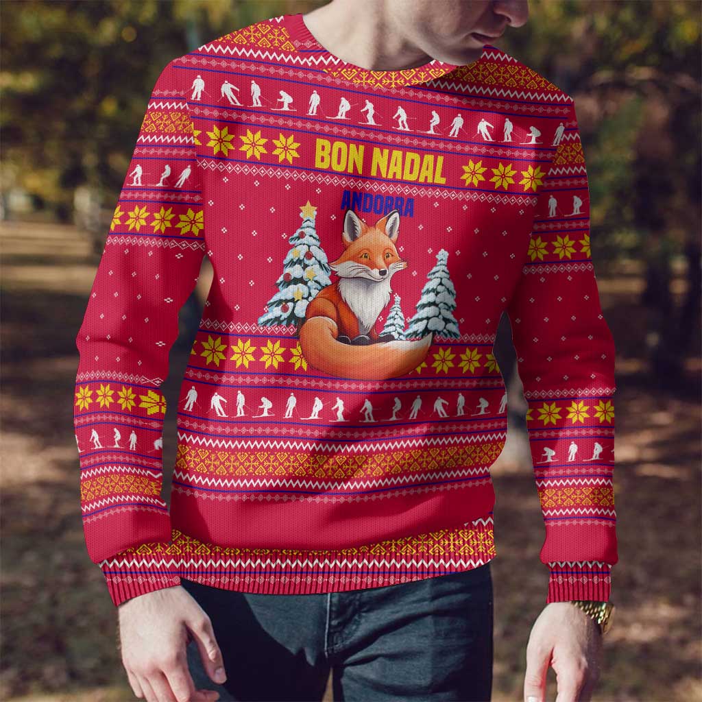 Bon Nadal Andorra Christmas Ugly Christmas Sweater with Fox Snowy Trees and Andorran Flag - Wonder Print Shop