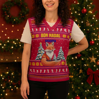 Bon Nadal Andorra Christmas Knitted V-Neck Vest with Fox Snowy Trees and Andorran Flag - Wonder Print Shop