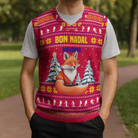 Bon Nadal Andorra Christmas Knitted V-Neck Vest with Fox Snowy Trees and Andorran Flag - Wonder Print Shop