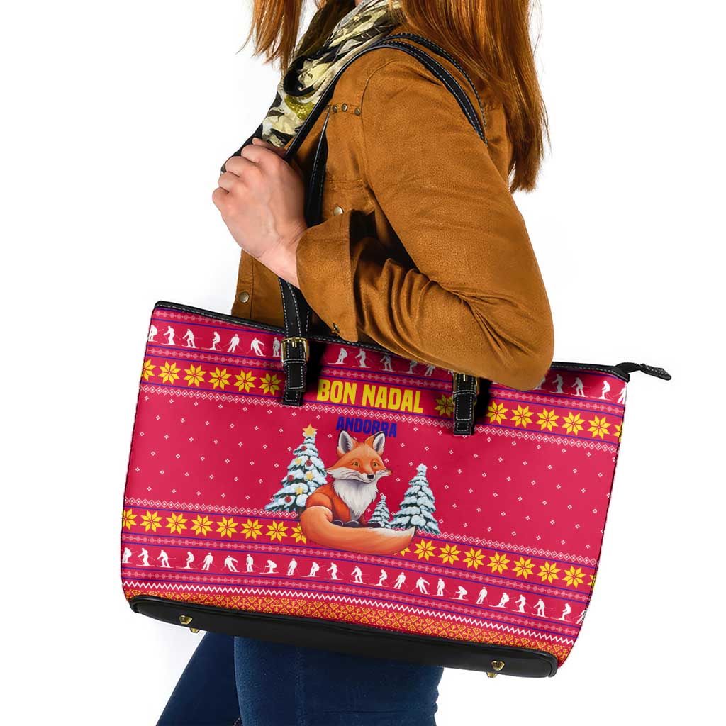 Bon Nadal Andorra Christmas Leather Tote Bag with Fox Snowy Trees and Andorran Flag - Wonder Print Shop