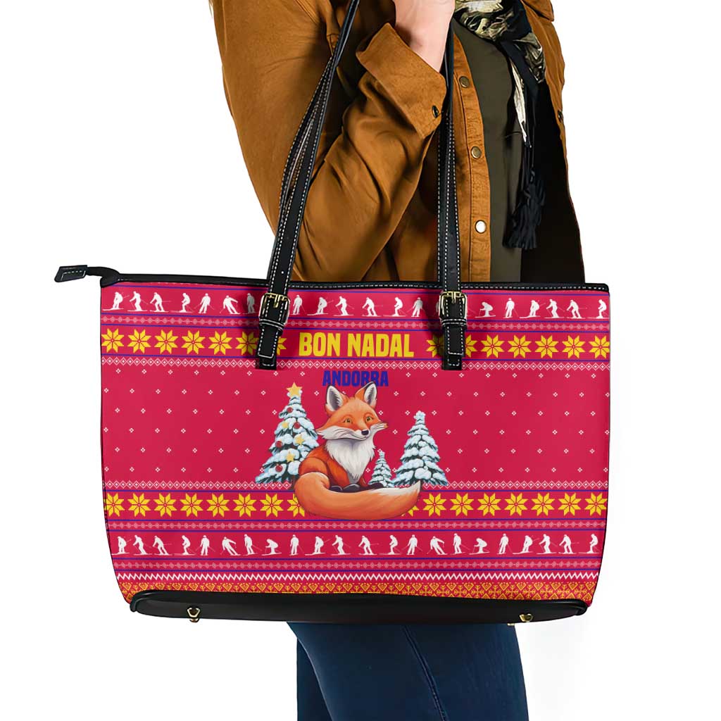Bon Nadal Andorra Christmas Leather Tote Bag with Fox Snowy Trees and Andorran Flag - Wonder Print Shop