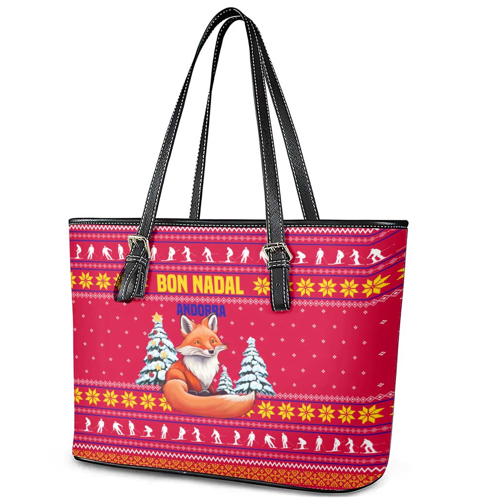 Bon Nadal Andorra Christmas Leather Tote Bag with Fox Snowy Trees and Andorran Flag - Wonder Print Shop