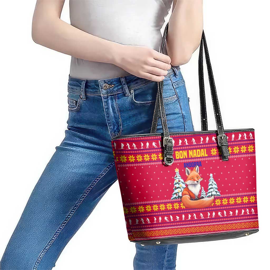 Bon Nadal Andorra Christmas Leather Tote Bag with Fox Snowy Trees and Andorran Flag - Wonder Print Shop