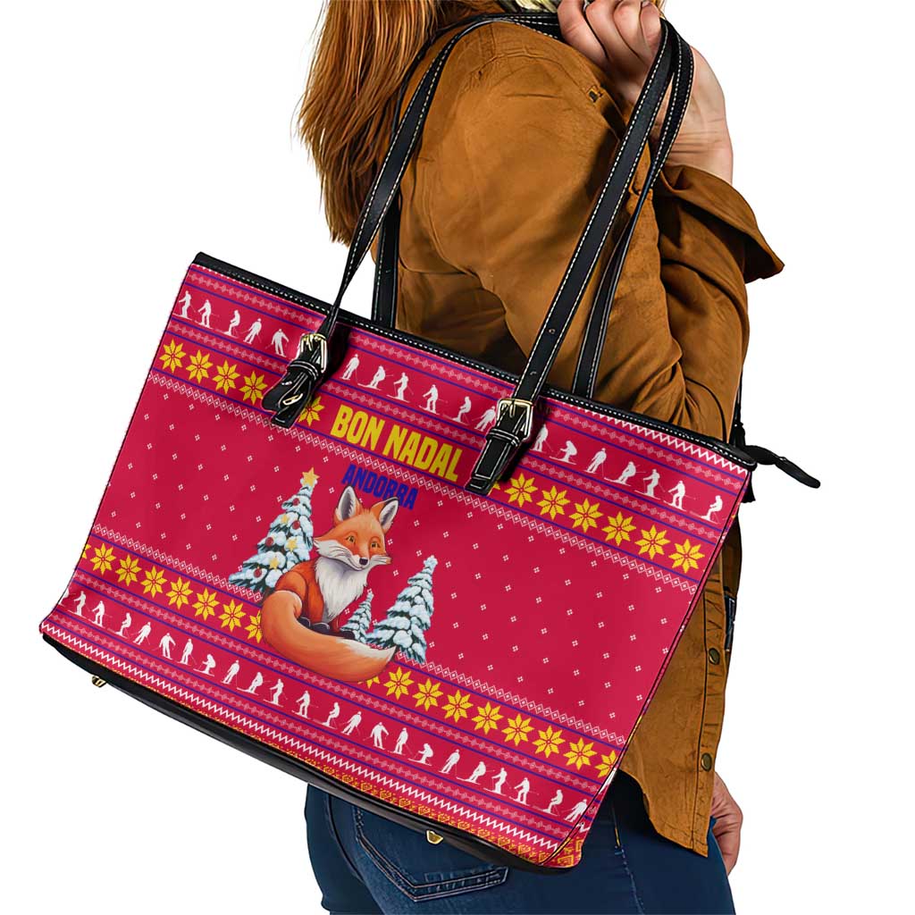 Bon Nadal Andorra Christmas Leather Tote Bag with Fox Snowy Trees and Andorran Flag - Wonder Print Shop