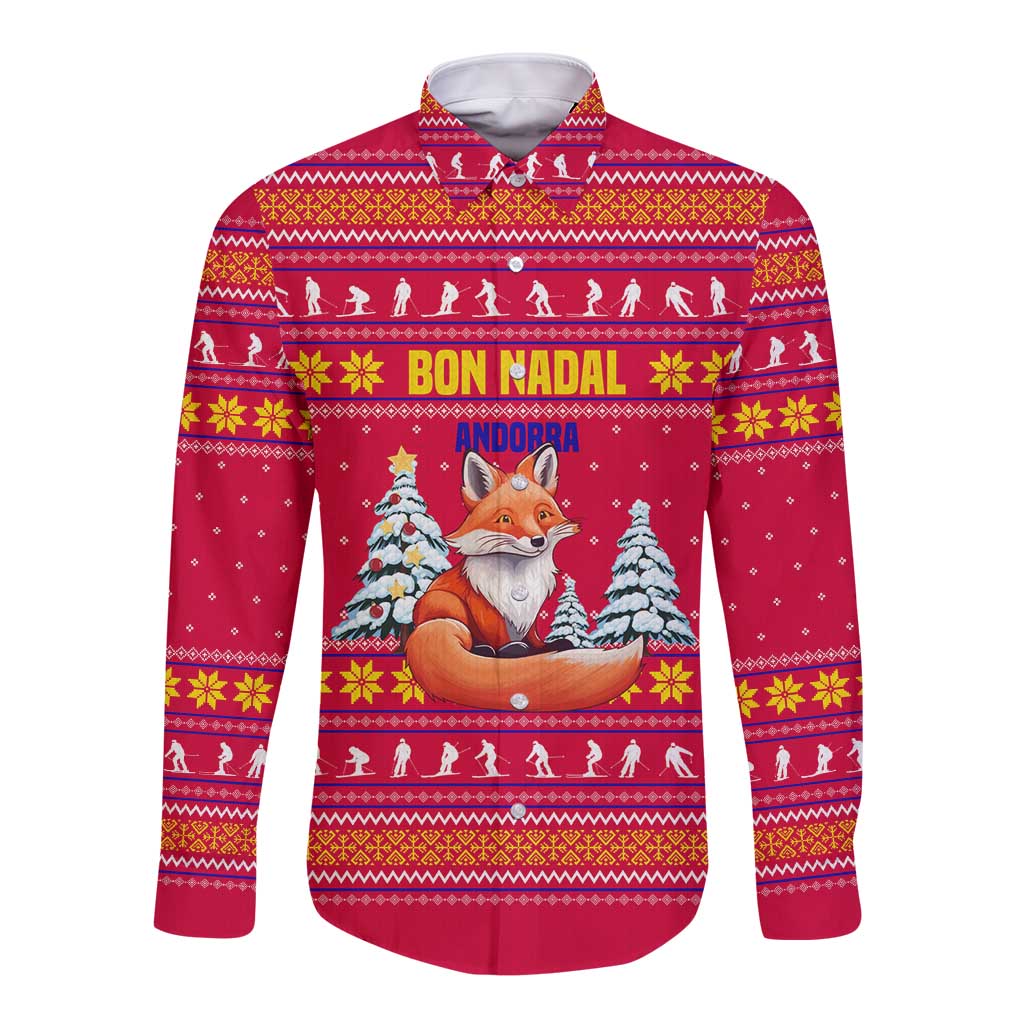 Bon Nadal Andorra Christmas Long Sleeve Button Shirt with Fox Snowy Trees and Andorran Flag - Wonder Print Shop
