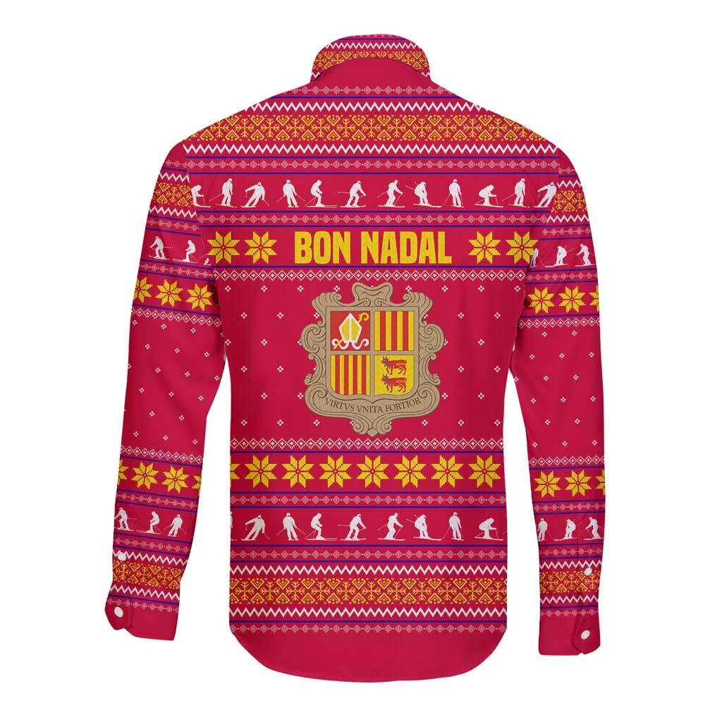 Bon Nadal Andorra Christmas Long Sleeve Button Shirt with Fox Snowy Trees and Andorran Flag - Wonder Print Shop