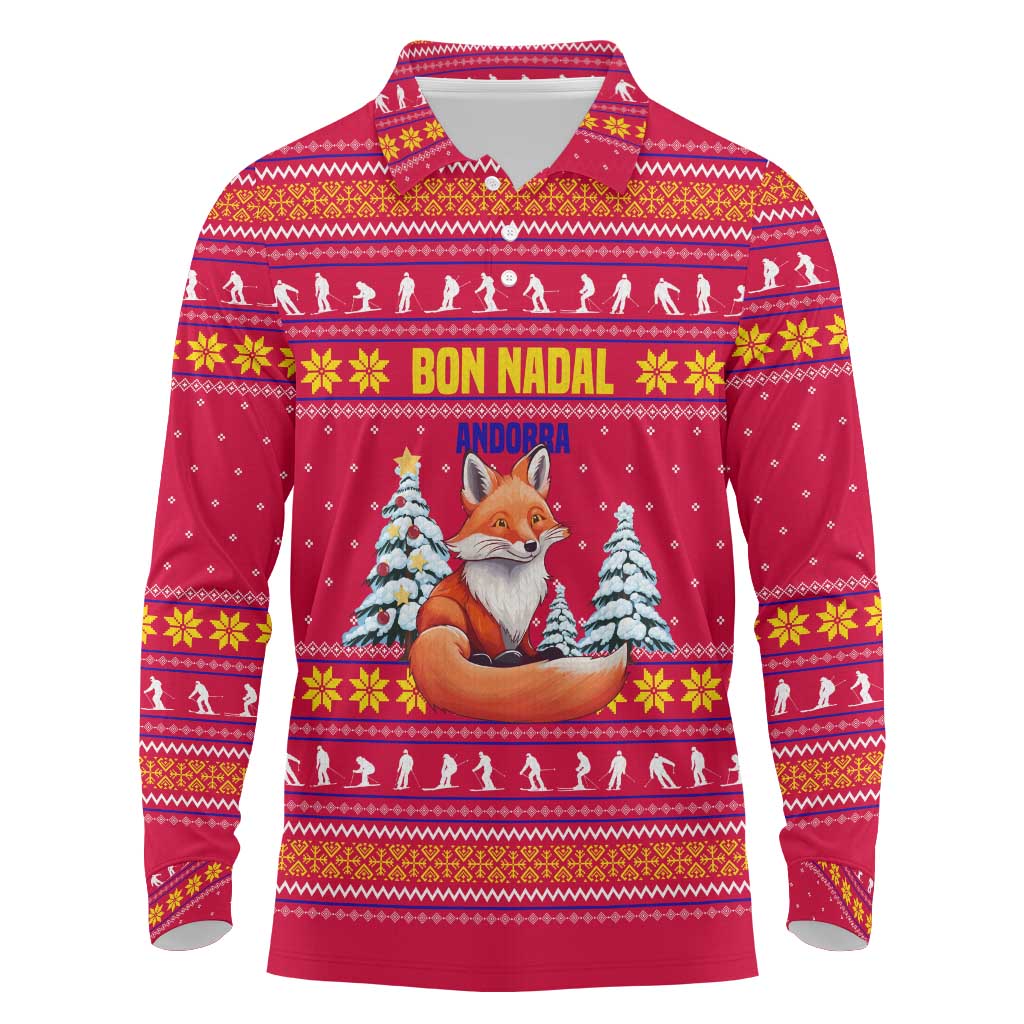 Bon Nadal Andorra Christmas Long Sleeve Polo Shirt with Fox Snowy Trees and Andorran Flag - Wonder Print Shop