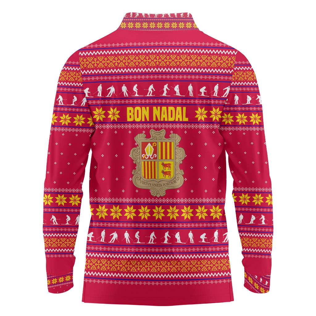 Bon Nadal Andorra Christmas Long Sleeve Polo Shirt with Fox Snowy Trees and Andorran Flag - Wonder Print Shop