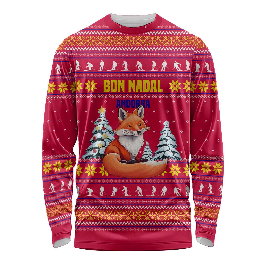 Bon Nadal Andorra Christmas Long Sleeve Shirt with Fox Snowy Trees and Andorran Flag - Wonder Print Shop