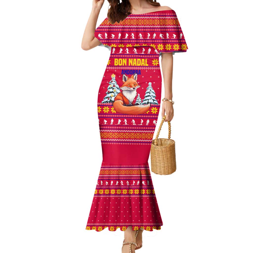 Bon Nadal Andorra Christmas Mermaid Dress with Fox Snowy Trees and Andorran Flag - Wonder Print Shop