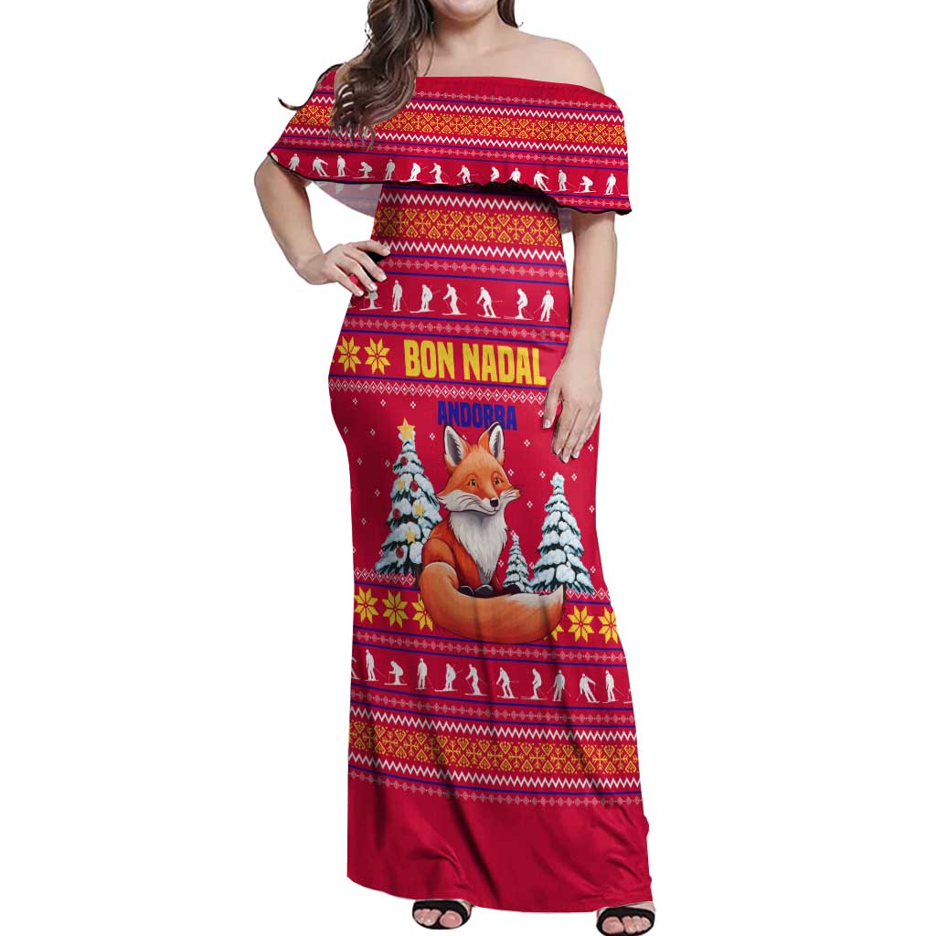 Bon Nadal Andorra Christmas Off Shoulder Maxi Dress with Fox Snowy Trees and Andorran Flag - Wonder Print Shop