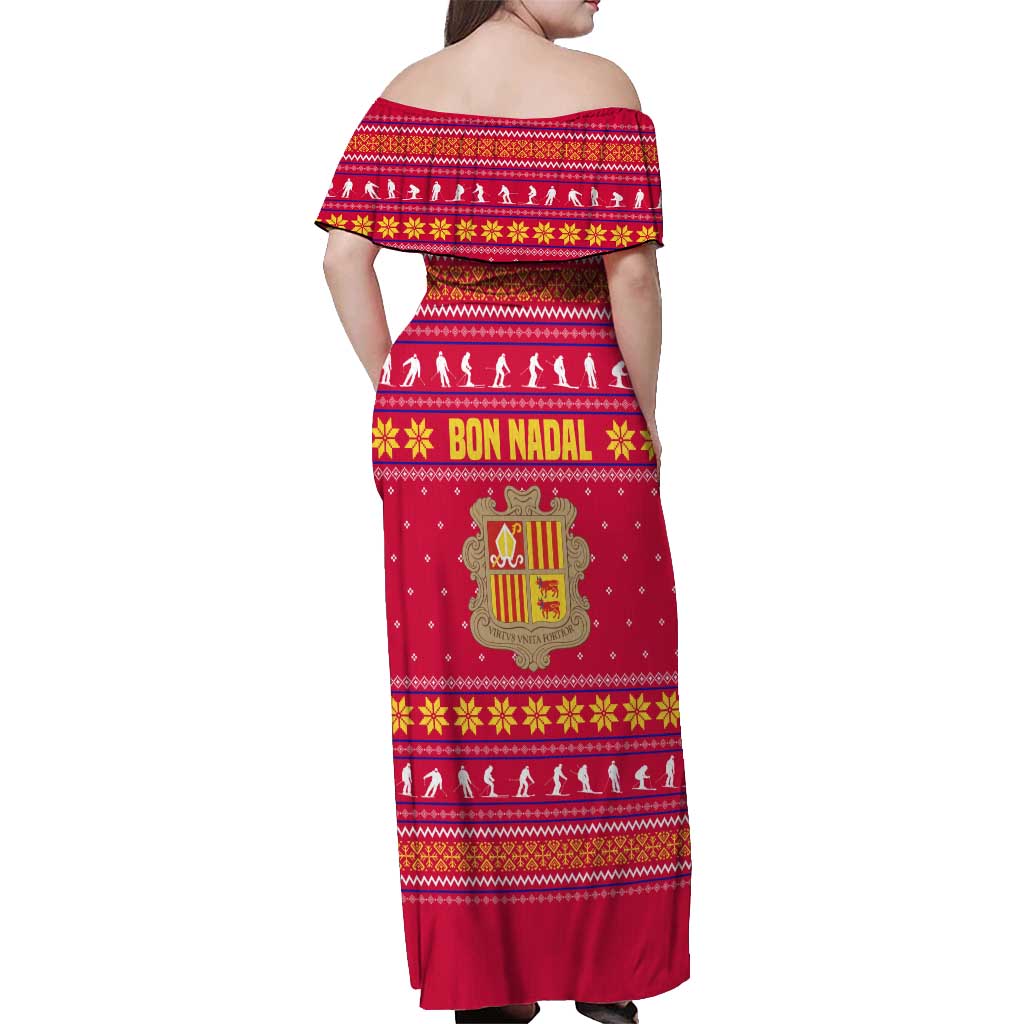 Bon Nadal Andorra Christmas Off Shoulder Maxi Dress with Fox Snowy Trees and Andorran Flag - Wonder Print Shop