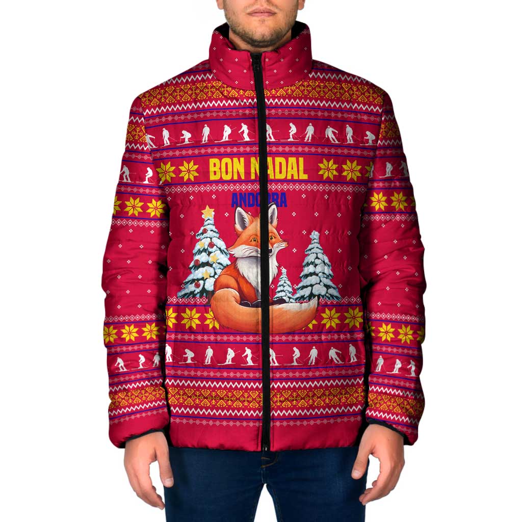 Bon Nadal Andorra Christmas Padded Jacket with Fox Snowy Trees and Andorran Flag - Wonder Print Shop
