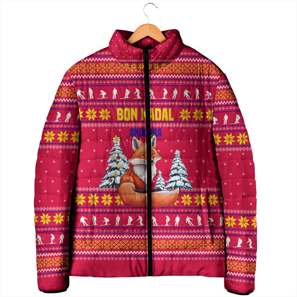 Bon Nadal Andorra Christmas Padded Jacket with Fox Snowy Trees and Andorran Flag - Wonder Print Shop