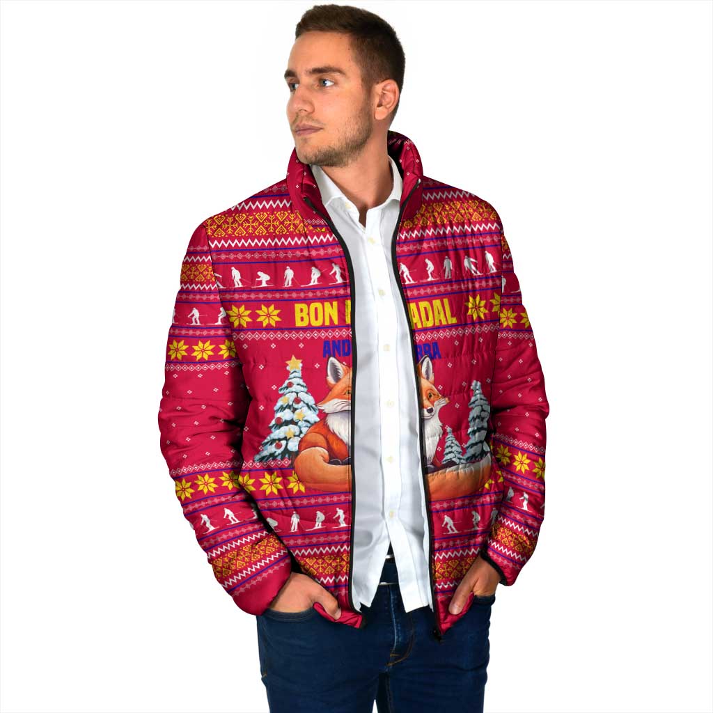 Bon Nadal Andorra Christmas Padded Jacket with Fox Snowy Trees and Andorran Flag - Wonder Print Shop