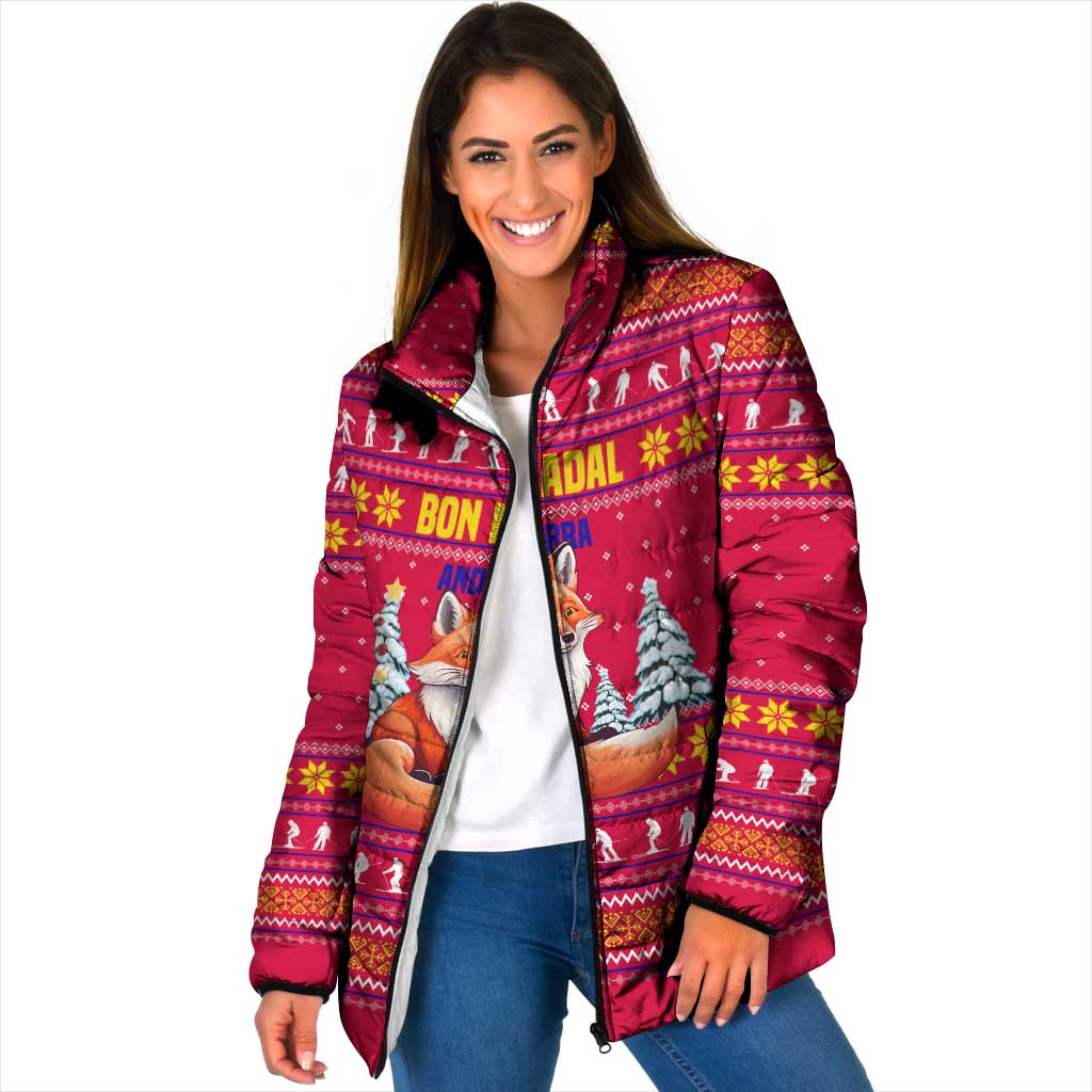 Bon Nadal Andorra Christmas Padded Jacket with Fox Snowy Trees and Andorran Flag - Wonder Print Shop
