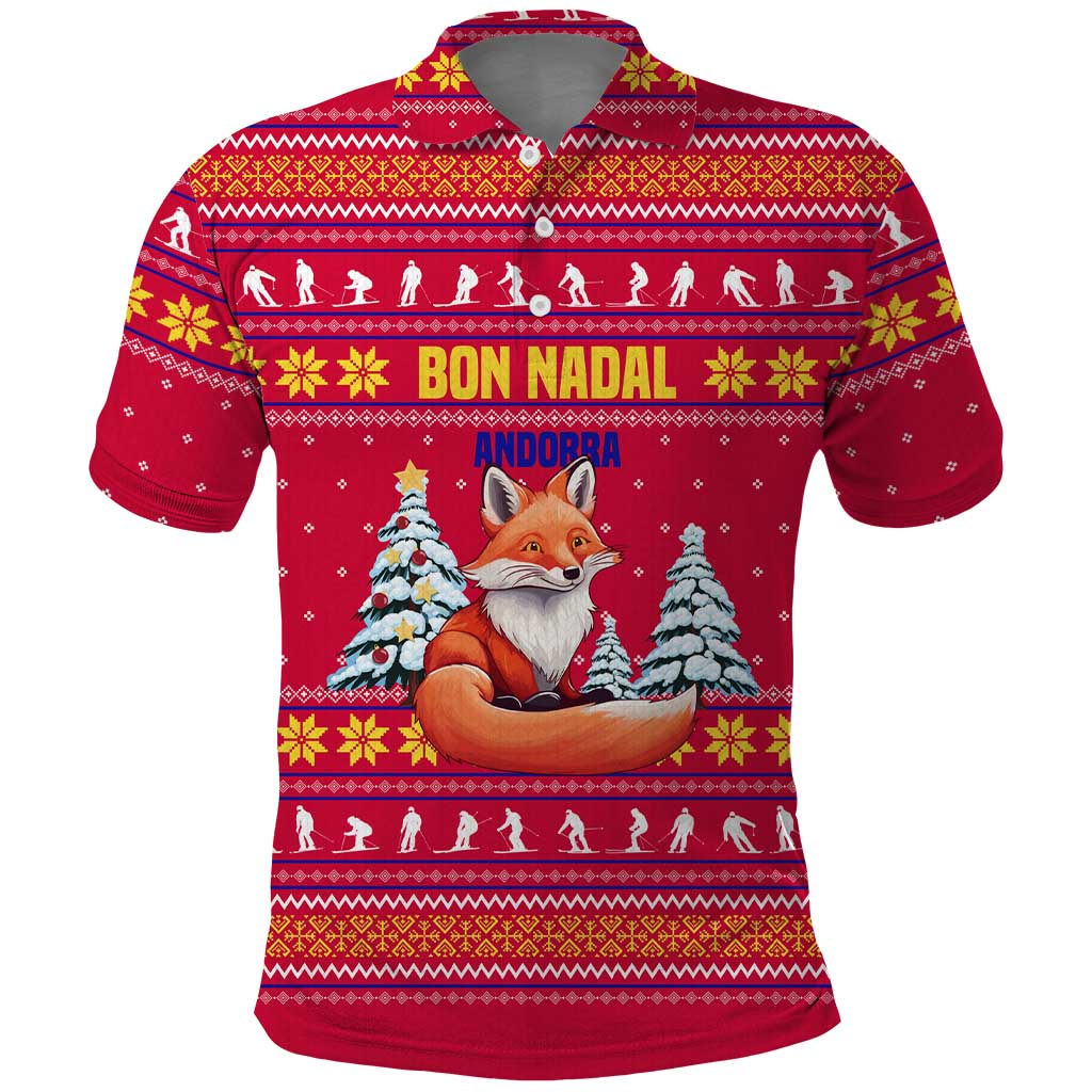 Bon Nadal Andorra Christmas Polo Shirt with Fox Snowy Trees and Andorran Flag - Wonder Print Shop