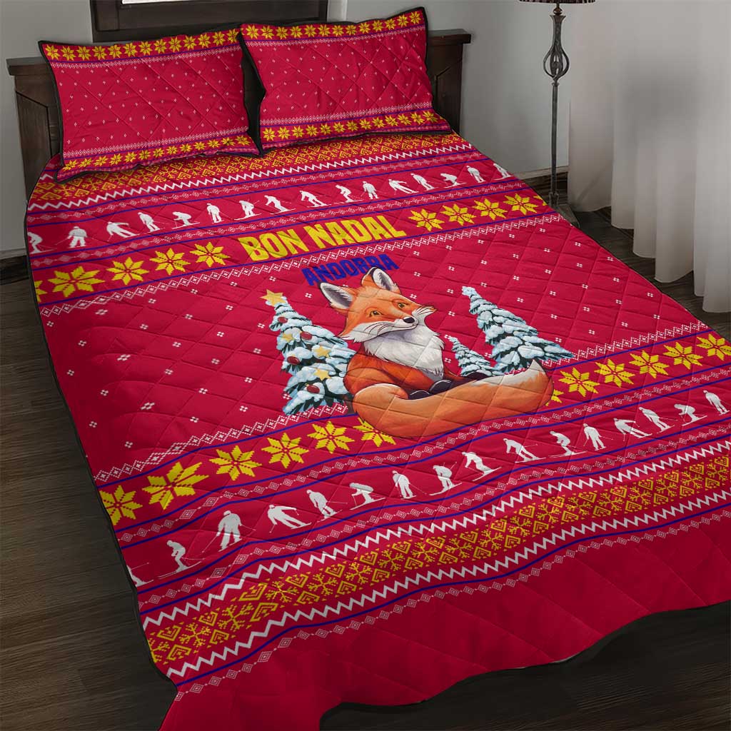 Bon Nadal Andorra Christmas Quilt Bed Set with Fox Snowy Trees and Andorran Flag - Wonder Print Shop