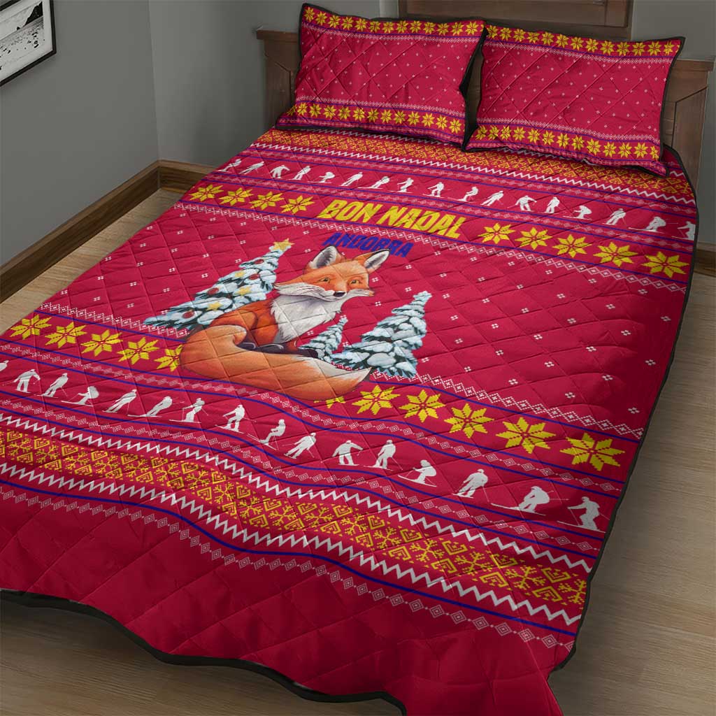 Bon Nadal Andorra Christmas Quilt Bed Set with Fox Snowy Trees and Andorran Flag - Wonder Print Shop