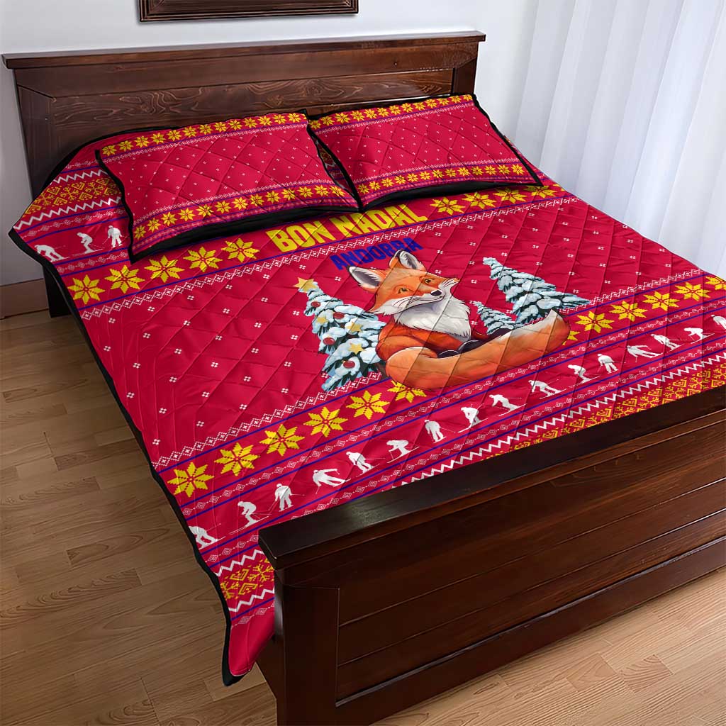 Bon Nadal Andorra Christmas Quilt Bed Set with Fox Snowy Trees and Andorran Flag - Wonder Print Shop
