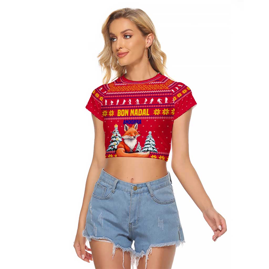 Bon Nadal Andorra Christmas Raglan Cropped T Shirt with Fox Snowy Trees and Andorran Flag - Wonder Print Shop