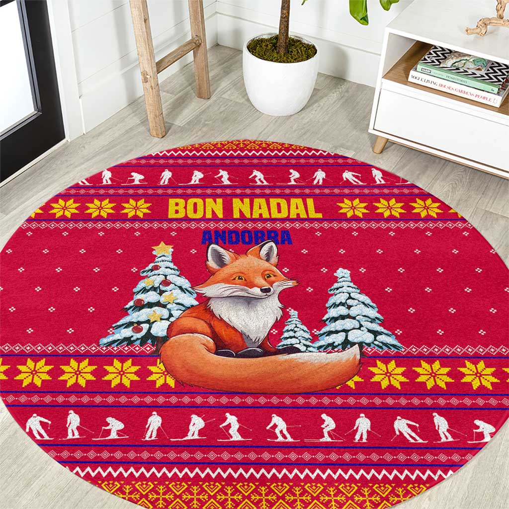 Bon Nadal Andorra Christmas Round Carpet with Fox Snowy Trees and Andorran Flag - Wonder Print Shop