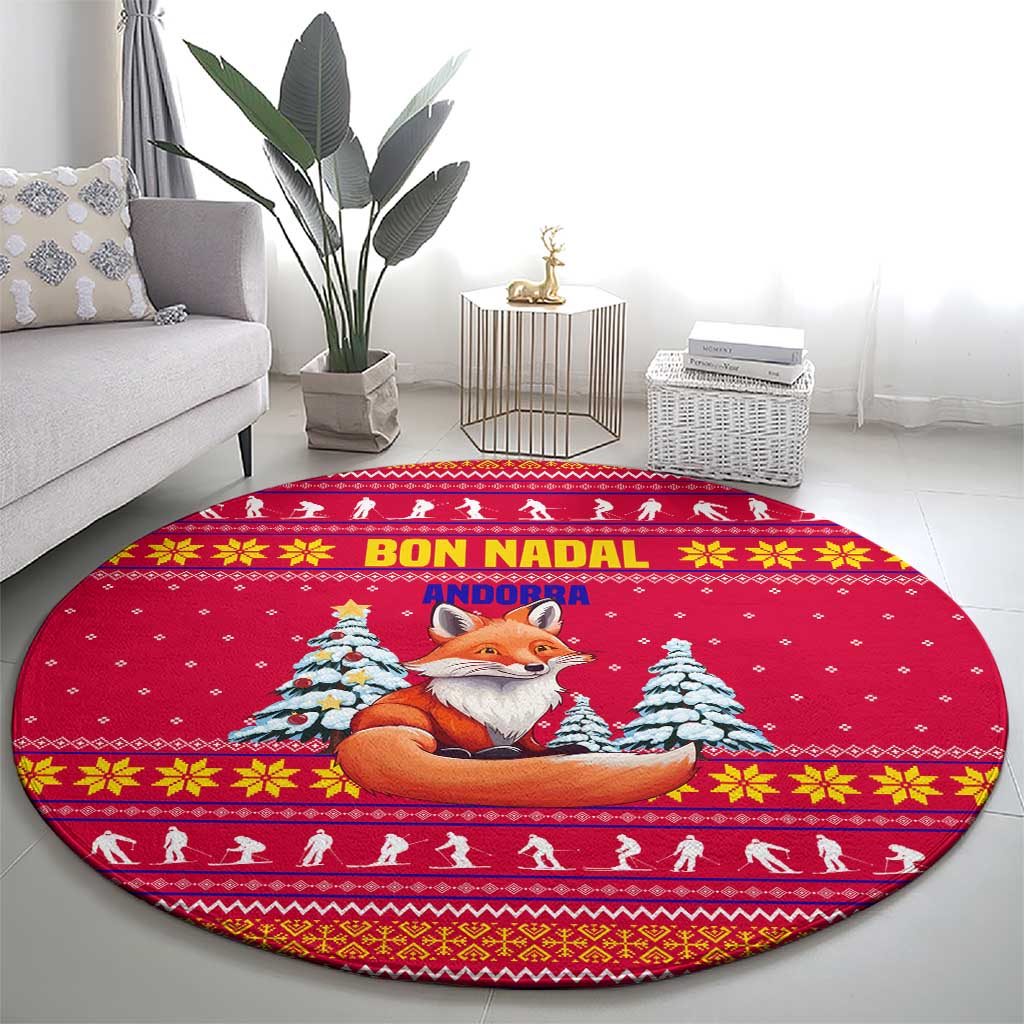 Bon Nadal Andorra Christmas Round Carpet with Fox Snowy Trees and Andorran Flag - Wonder Print Shop