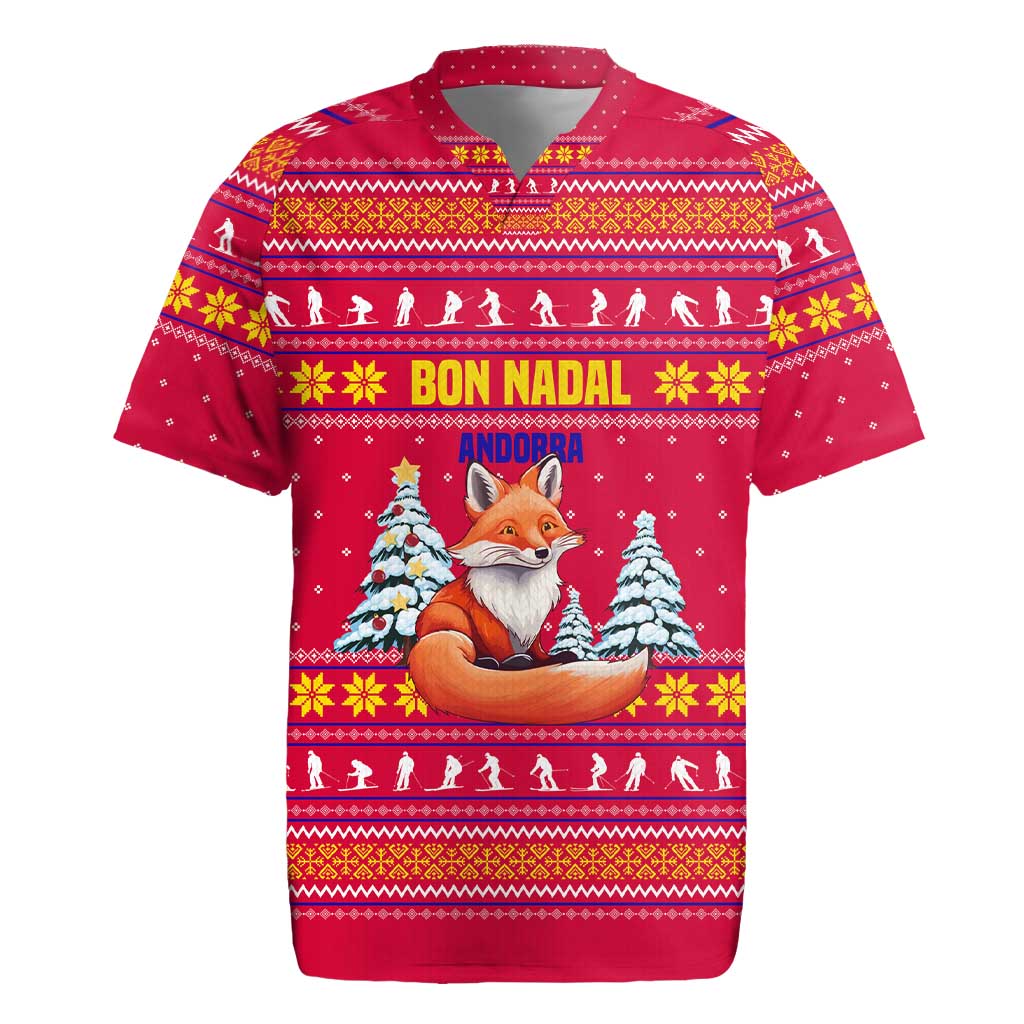 Bon Nadal Andorra Christmas Rugby Jersey with Fox Snowy Trees and Andorran Flag - Wonder Print Shop