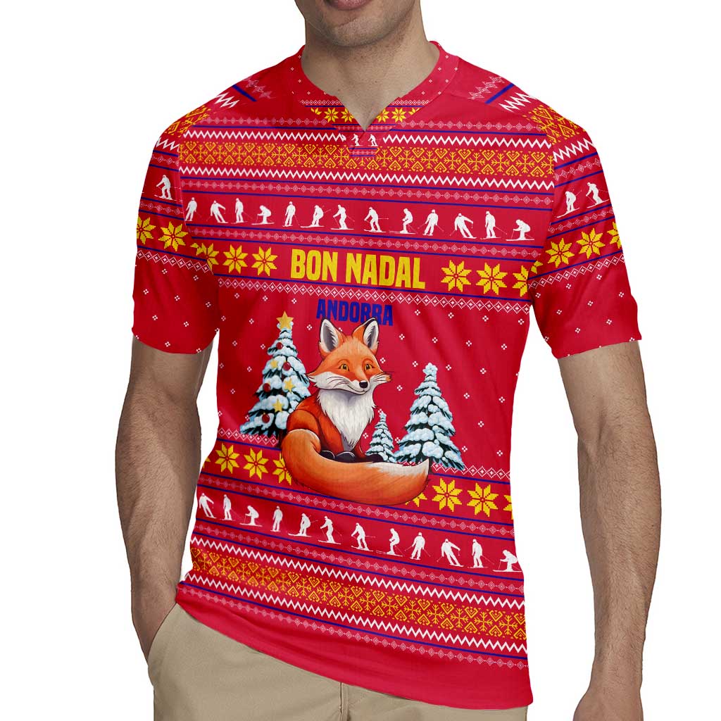 Bon Nadal Andorra Christmas Rugby Jersey with Fox Snowy Trees and Andorran Flag - Wonder Print Shop