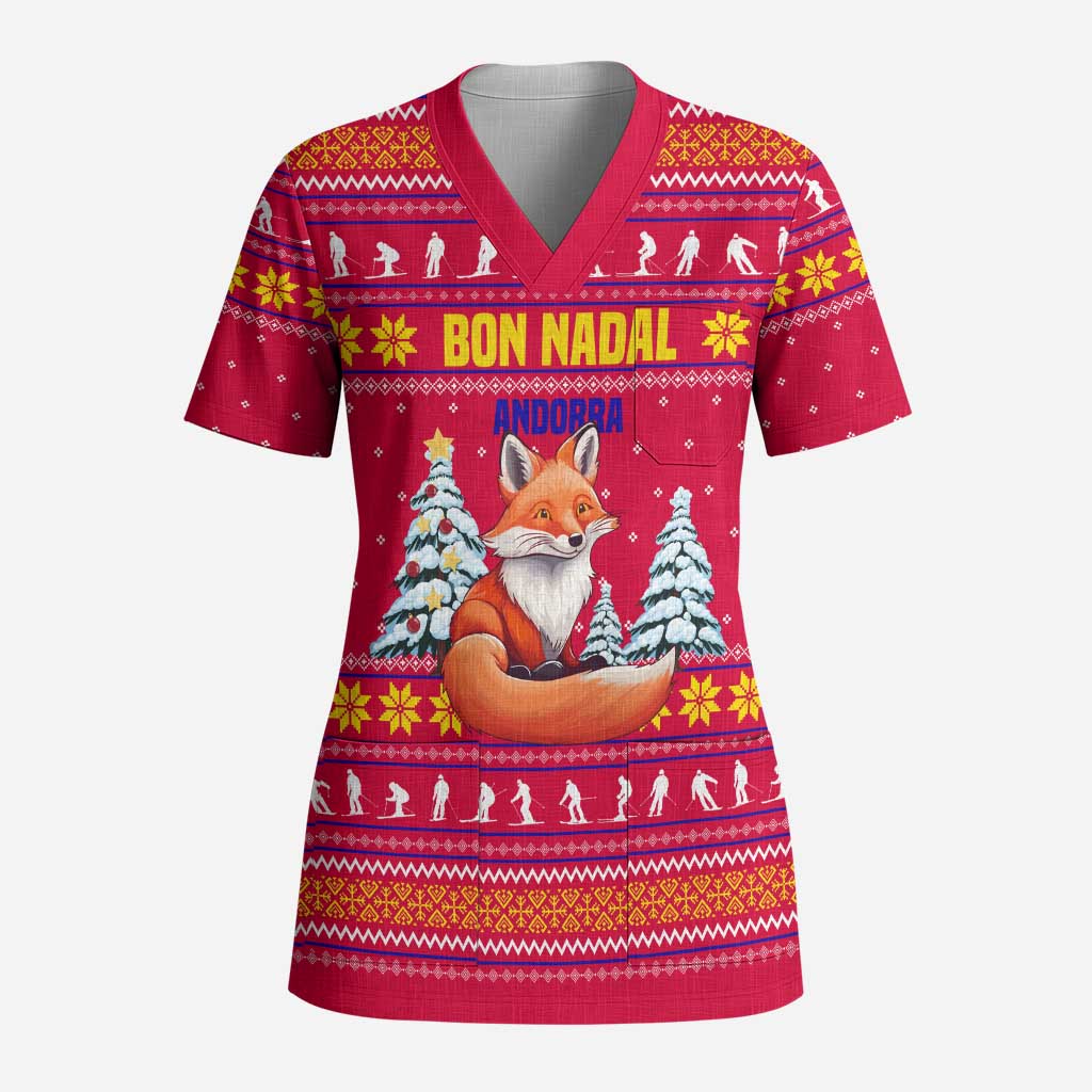 Bon Nadal Andorra Christmas Scrub Top with Fox Snowy Trees and Andorran Flag - Wonder Print Shop