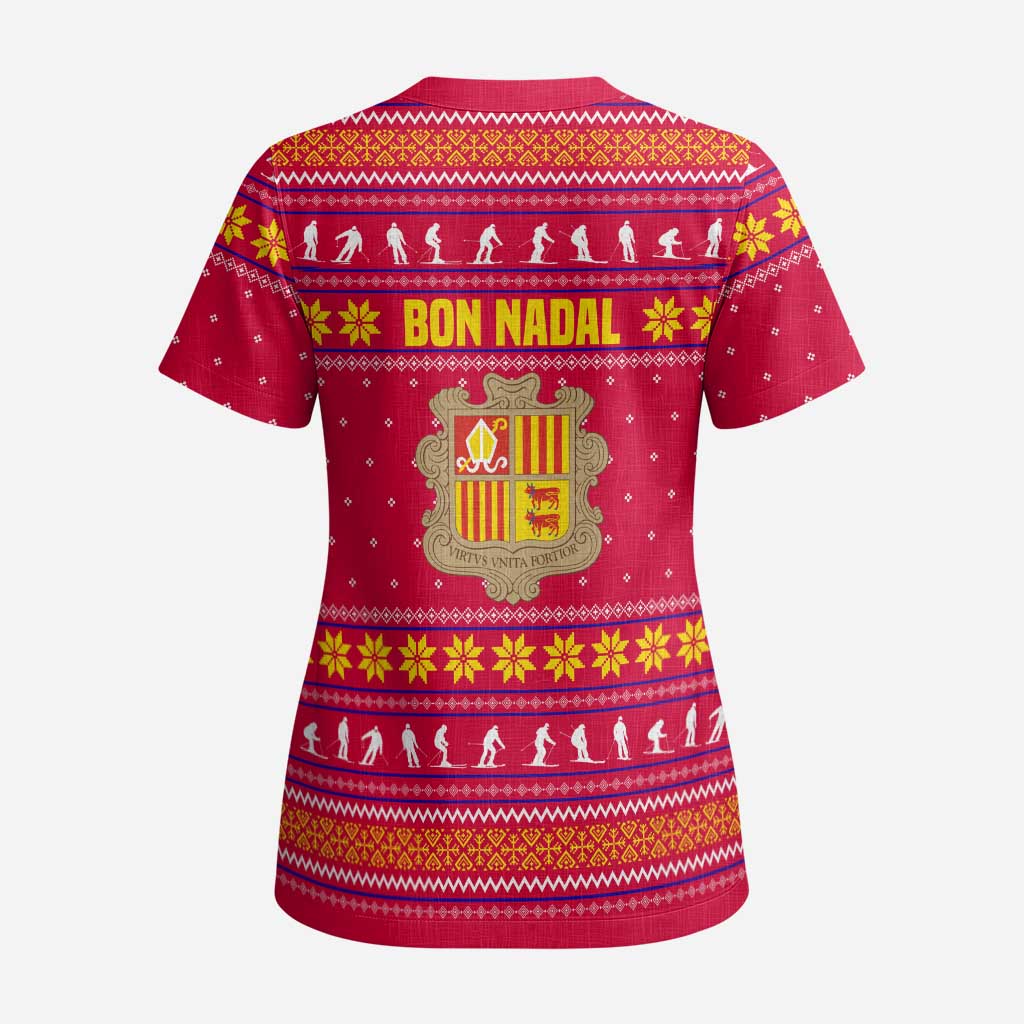 Bon Nadal Andorra Christmas Scrub Top with Fox Snowy Trees and Andorran Flag - Wonder Print Shop