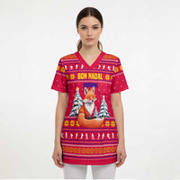 Bon Nadal Andorra Christmas Scrub Top with Fox Snowy Trees and Andorran Flag - Wonder Print Shop