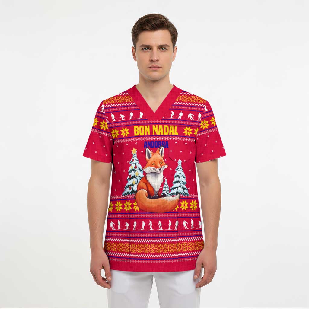 Bon Nadal Andorra Christmas Scrub Top with Fox Snowy Trees and Andorran Flag - Wonder Print Shop