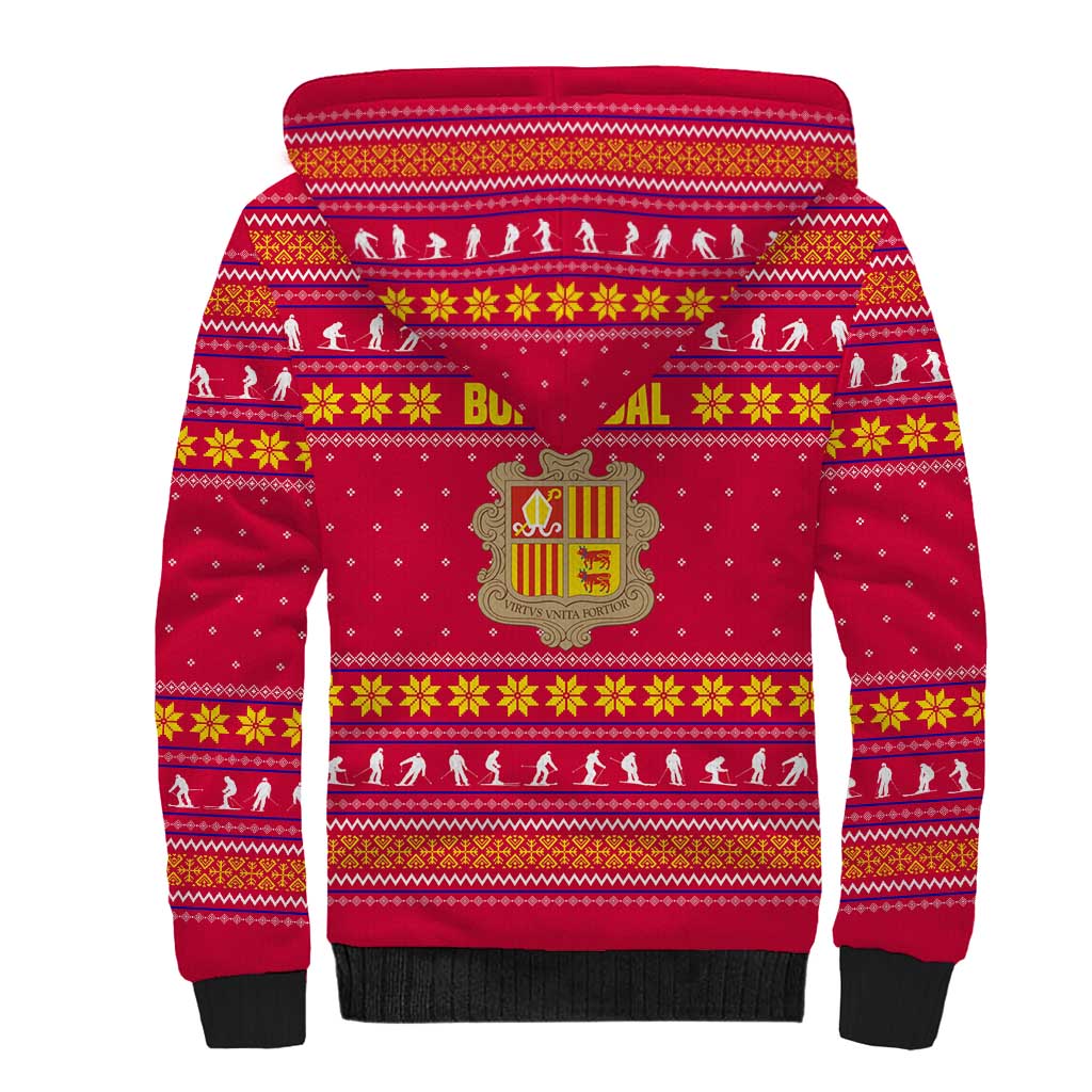 Bon Nadal Andorra Christmas Sherpa Hoodie with Fox Snowy Trees and Andorran Flag - Wonder Print Shop