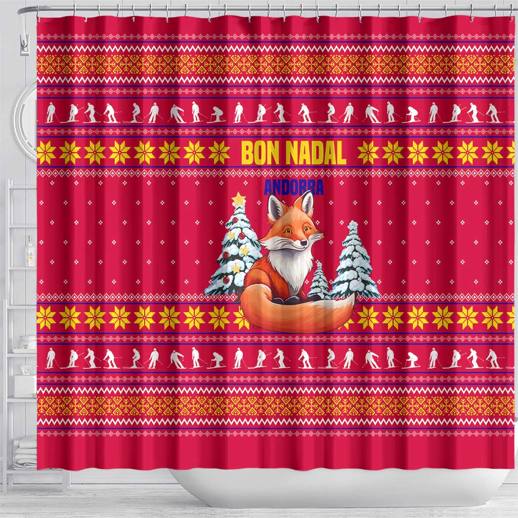 Bon Nadal Andorra Christmas Shower Curtain with Fox Snowy Trees and Andorran Flag - Wonder Print Shop