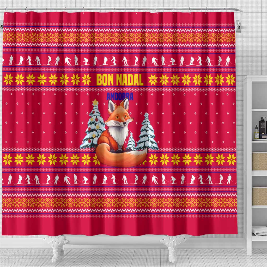 Bon Nadal Andorra Christmas Shower Curtain with Fox Snowy Trees and Andorran Flag - Wonder Print Shop