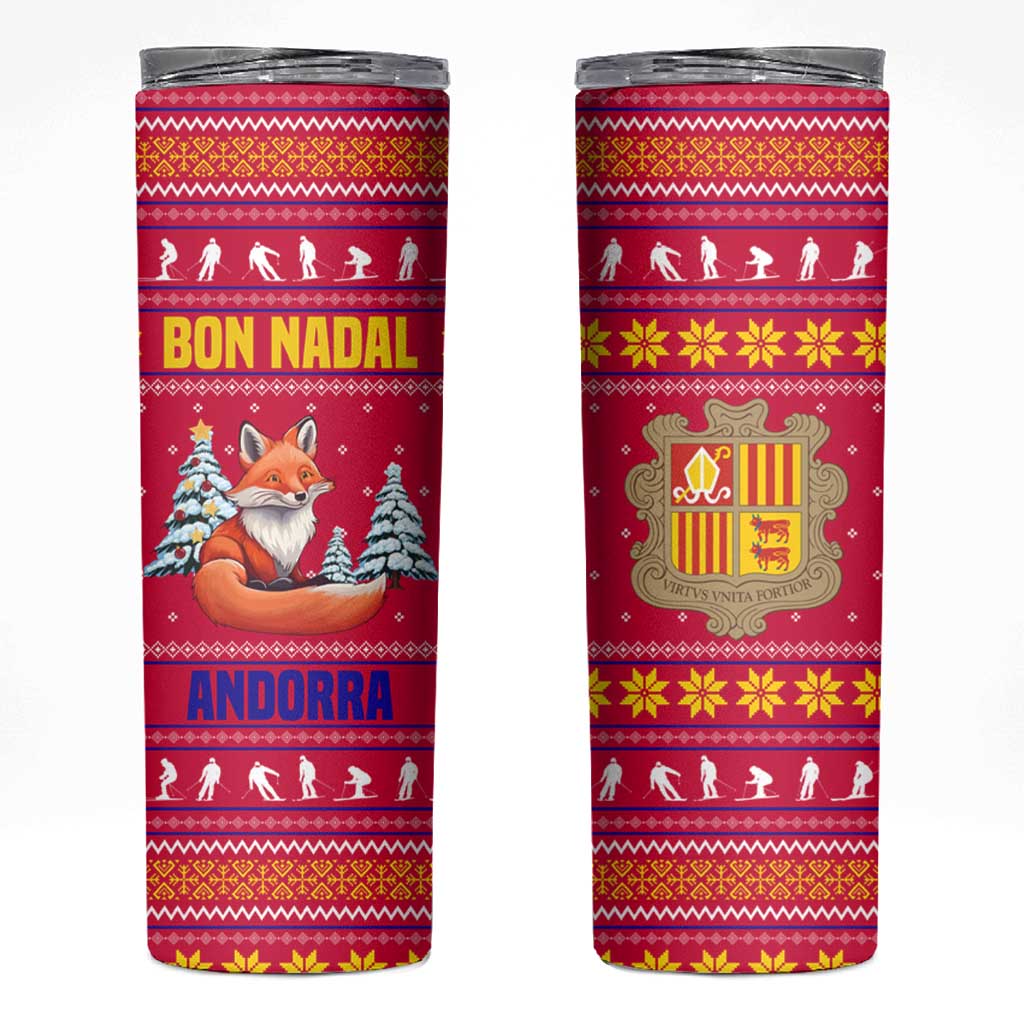 Bon Nadal Andorra Christmas Skinny Tumbler with Fox Snowy Trees and Andorran Flag - Wonder Print Shop