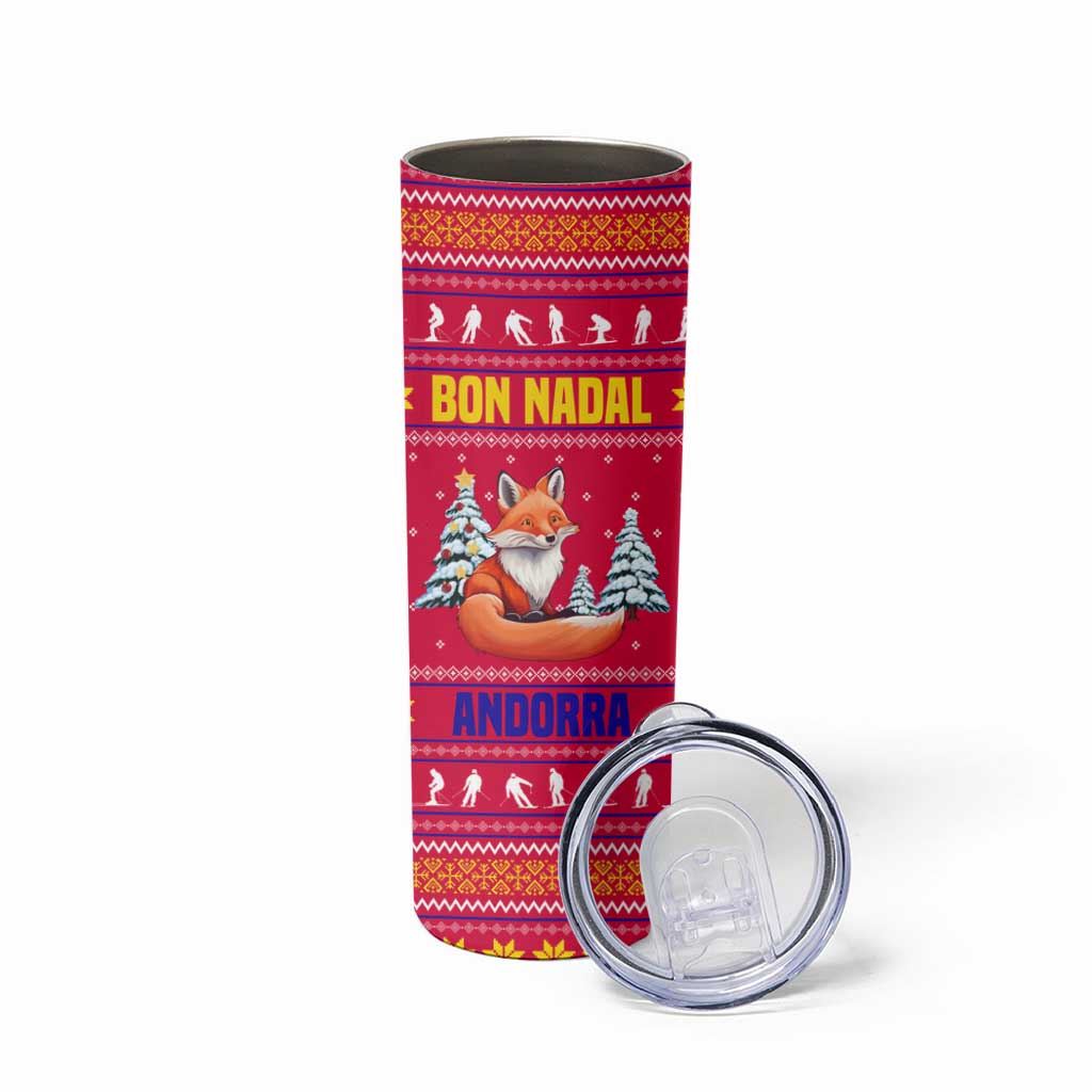 Bon Nadal Andorra Christmas Skinny Tumbler with Fox Snowy Trees and Andorran Flag - Wonder Print Shop