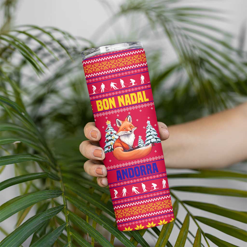 Bon Nadal Andorra Christmas Skinny Tumbler with Fox Snowy Trees and Andorran Flag - Wonder Print Shop