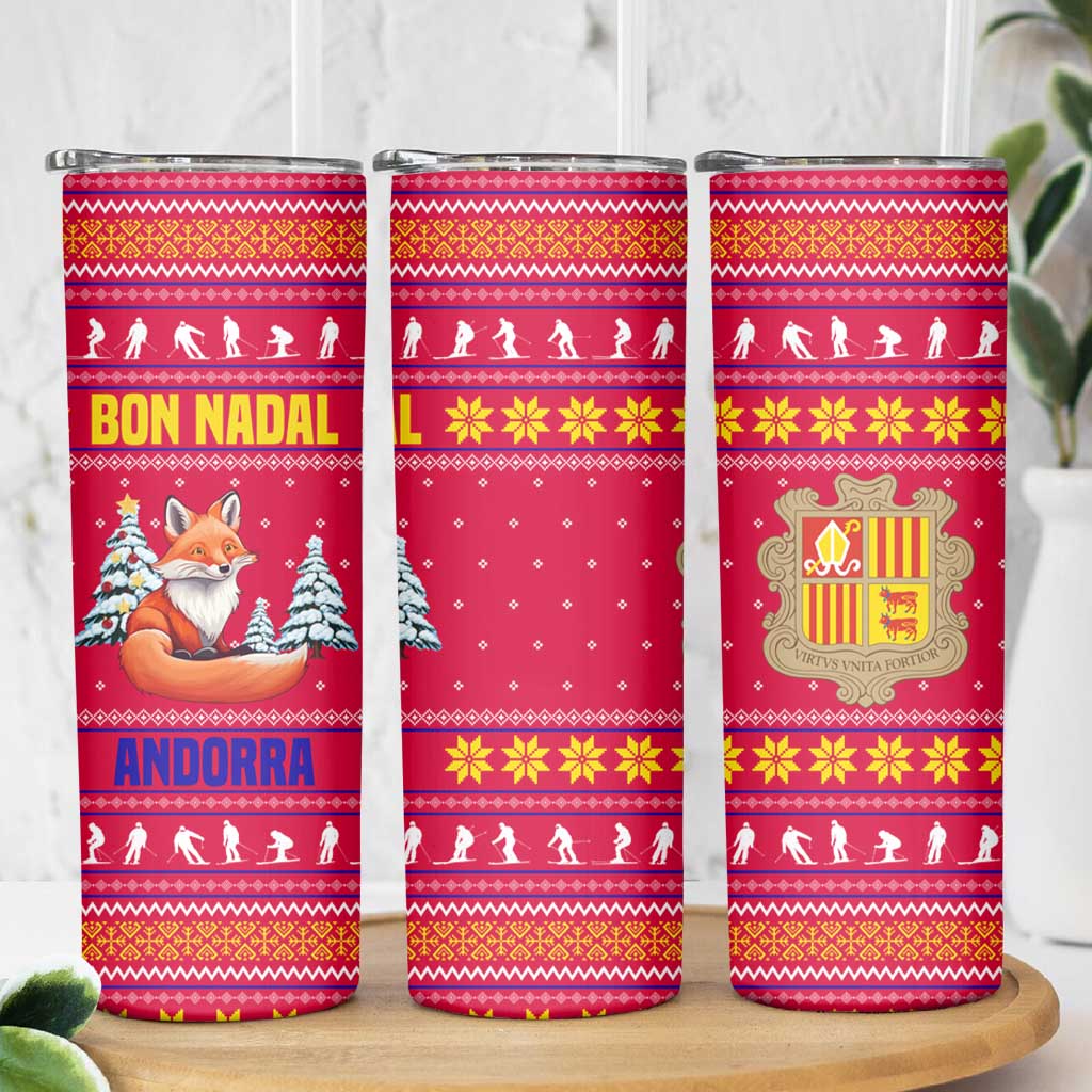 Bon Nadal Andorra Christmas Skinny Tumbler with Fox Snowy Trees and Andorran Flag - Wonder Print Shop