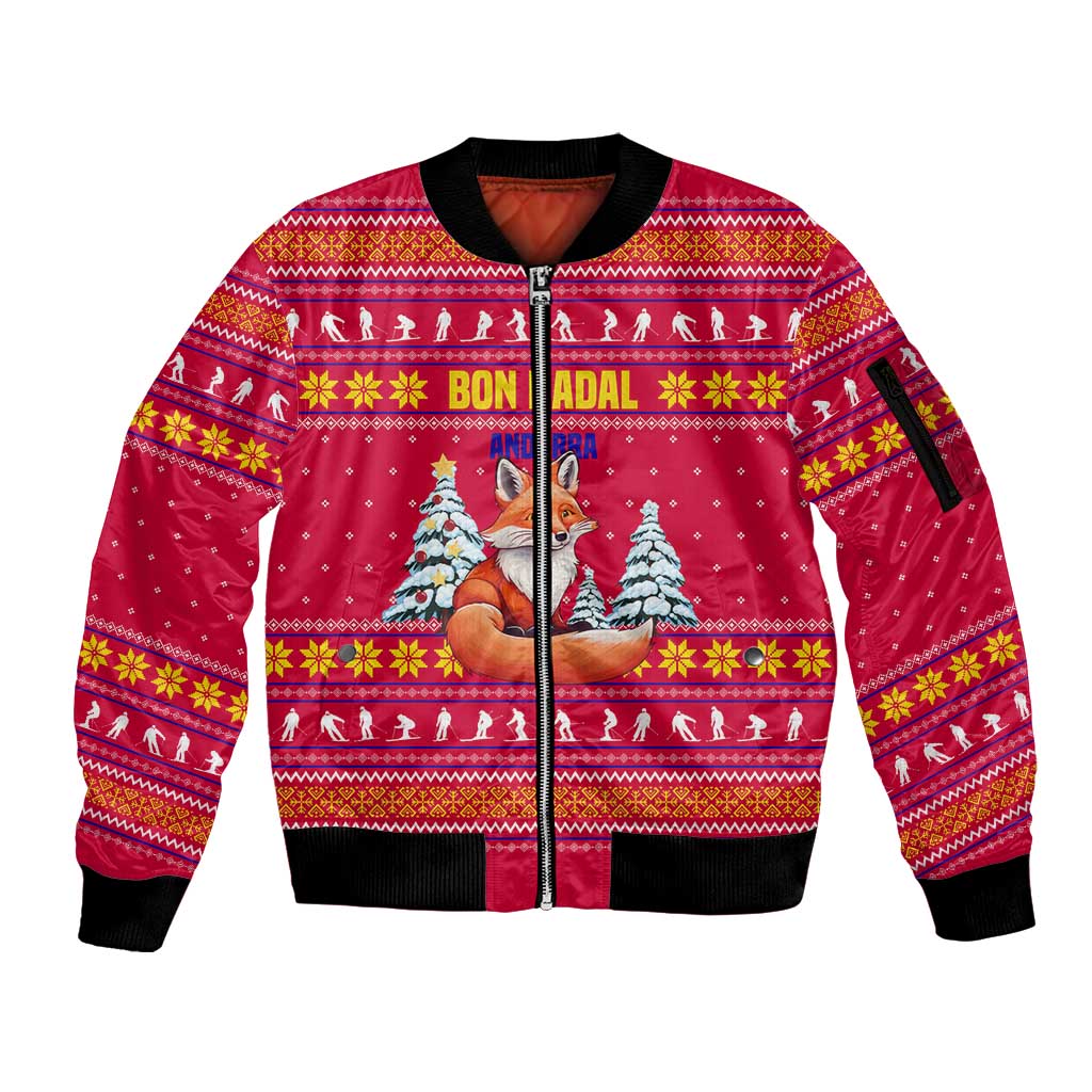 Bon Nadal Andorra Christmas Sleeve Zip Bomber Jacket with Fox Snowy Trees and Andorran Flag - Wonder Print Shop