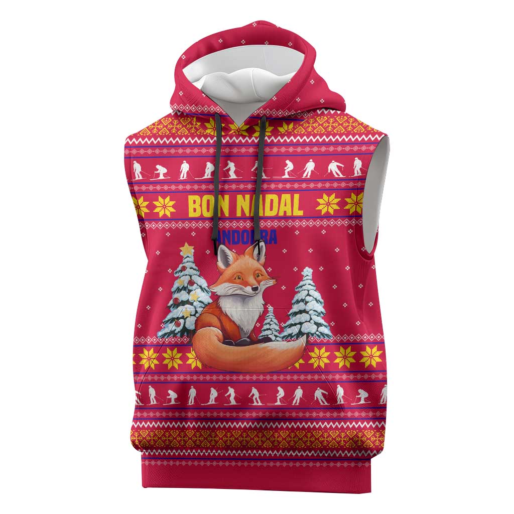 Bon Nadal Andorra Christmas Sleeveless Hoodie with Fox Snowy Trees and Andorran Flag - Wonder Print Shop