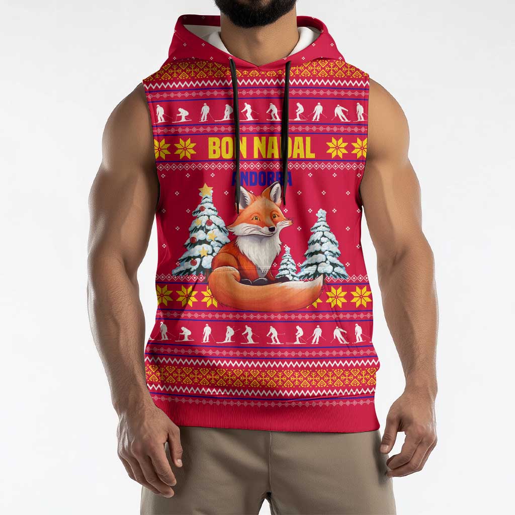 Bon Nadal Andorra Christmas Sleeveless Hoodie with Fox Snowy Trees and Andorran Flag - Wonder Print Shop