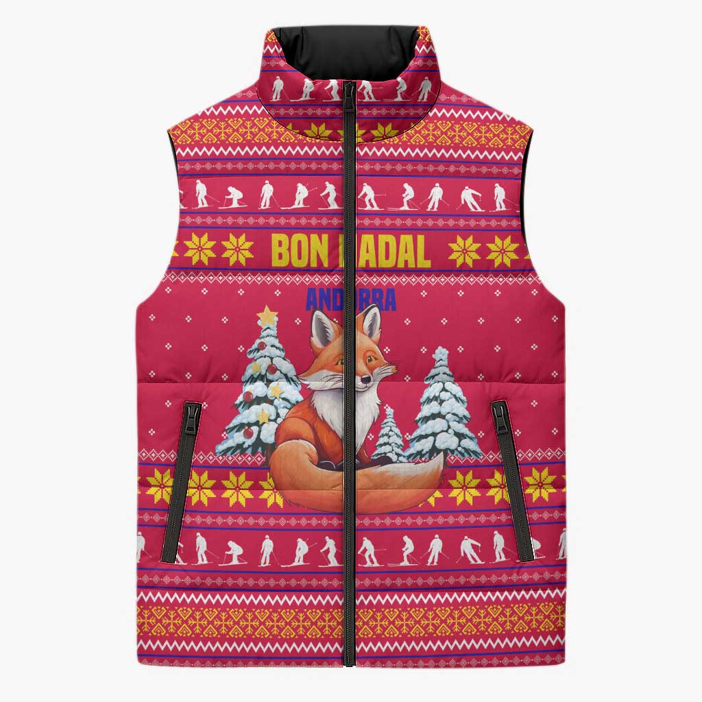 Bon Nadal Andorra Christmas Sleeveless Puffer Jacket with Fox Snowy Trees and Andorran Flag - Wonder Print Shop