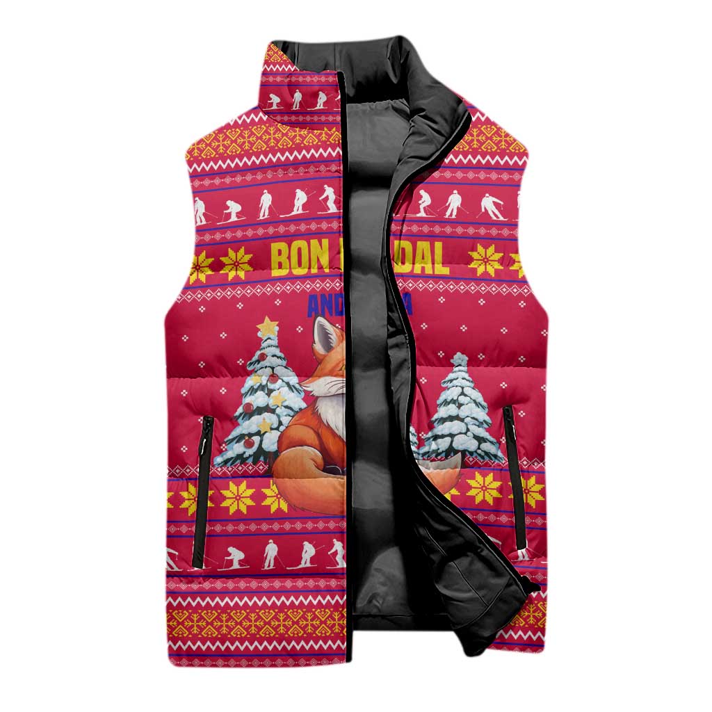 Bon Nadal Andorra Christmas Sleeveless Puffer Jacket with Fox Snowy Trees and Andorran Flag - Wonder Print Shop