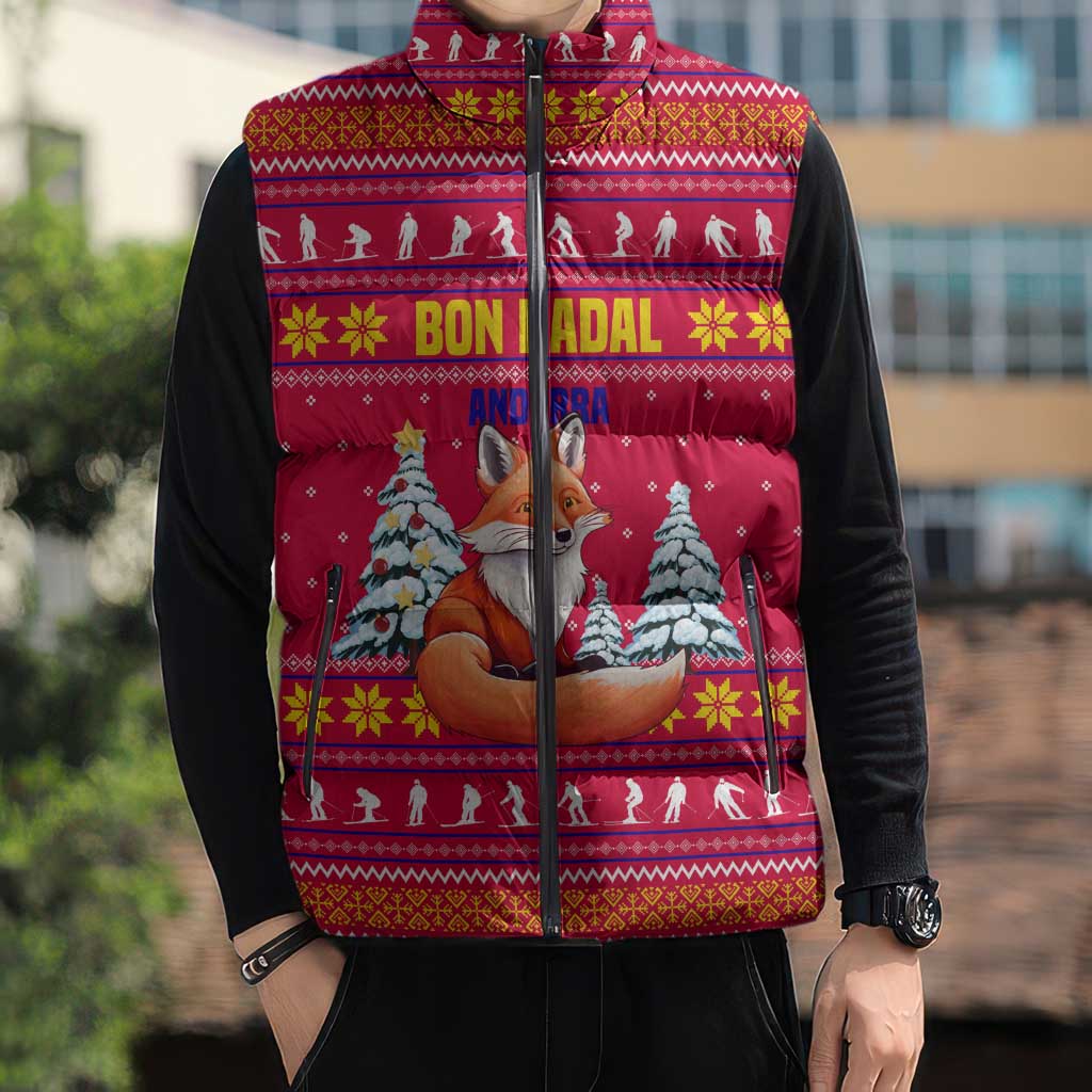 Bon Nadal Andorra Christmas Sleeveless Puffer Jacket with Fox Snowy Trees and Andorran Flag - Wonder Print Shop
